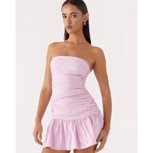 Peppermayo Carmel Mini Dress Pink Ruched Strapless Coquette Ruffle Hem Size S